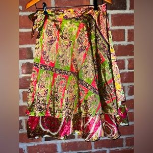 Two-tiered Silk sarong wrap skirt in bright multi colored pattern.